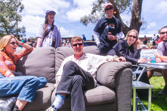 Thornbury’s Marcus Whelan and friends relax at Meredith Music Festival, 2022.