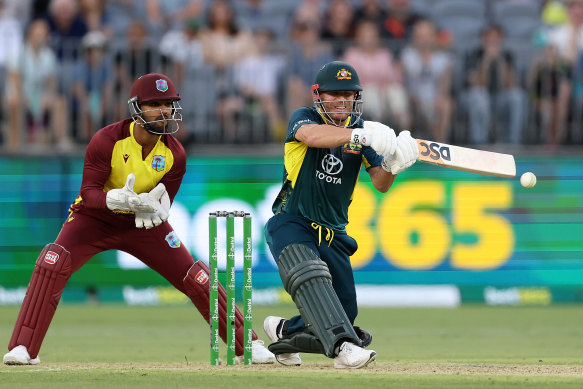 David Warner bats during game three of the Men’s T20 International series between Australia and West Indies at Optus Stadium.