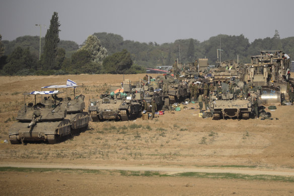 Israeli tanks and armoured vehicles near the southern Gaza Strip border.
