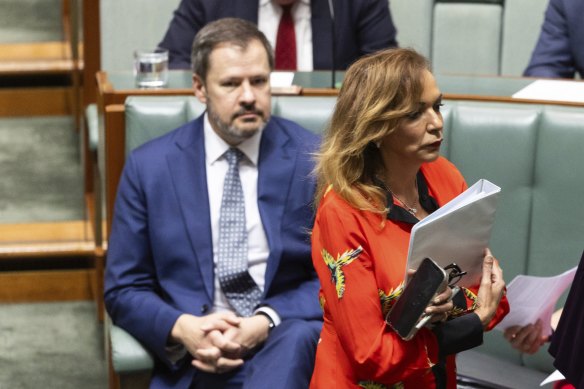 Minister for Industry and Science Ed Husic and Minister for Early Childhood Education and Minister for Youth Dr Anne Aly at the start of Question Time on Thursday.