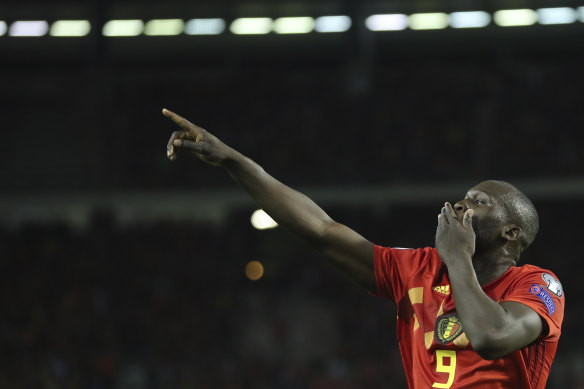Belgium's Romelo Lukaka celebrates their first goal in the rout of San Marino.