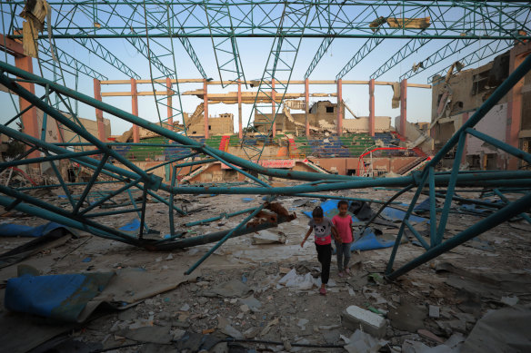 Palestinian families who fled the Israeli bombardment or whose houses were destroyed have taken shelter in destroyed or heavily damaged stadiums in Deir al-Balah.