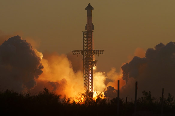 SpaceX’s mega rocket Starship launches for a test flight from Starbase in Boca Chica, Texas.