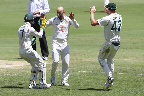 Lyon celebrates a breakthrough in Brisbane.