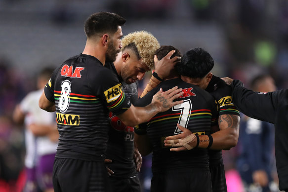 Panthers players after losing the 2020 NRL Grand Final to the Melbourne Storm.