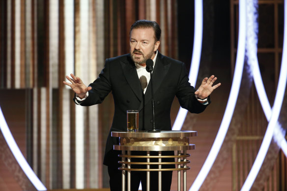 Ricky Gervais hosting the Golden Globes in 2020.