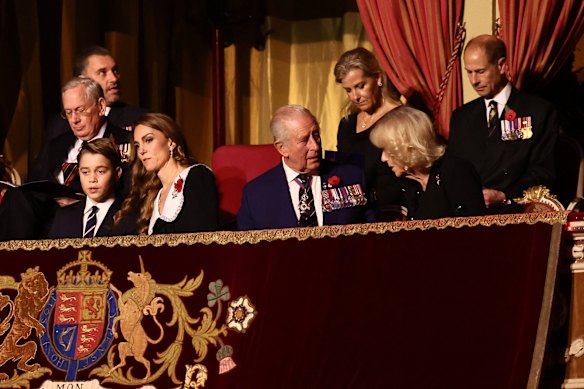 Prince George (second left) sits in the royal box alongside his mother, Catherine, Princess of Wales, King Charles, Queen Camilla, Edward, Duke of Edinburgh (back, right), Sophie, Duchess of Edinburgh and Prince Richard, Duke of Gloucester (far left).