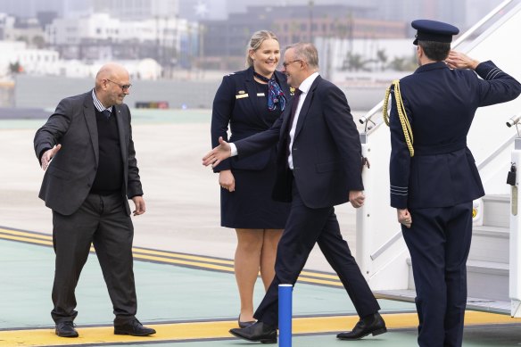 Australian ambassador to the US Arthur Sinodinos greets Prime Minister Anthony Albanese on his arrival in San Diego.