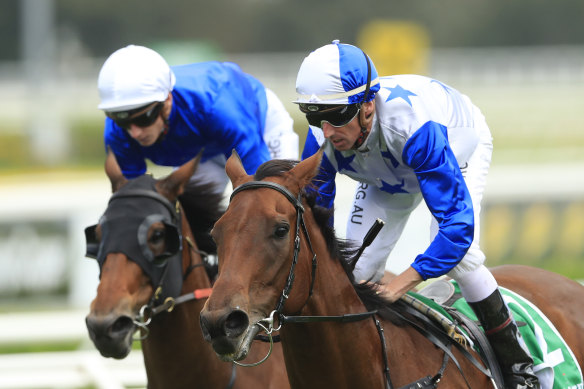 Nash Rawiller on The Bostonian reels in James McDonald on Savatiano in the Canterbury Stakes at Randwick.