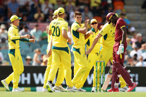 Xavier Bartlett celebrates a wicket in Canberra.