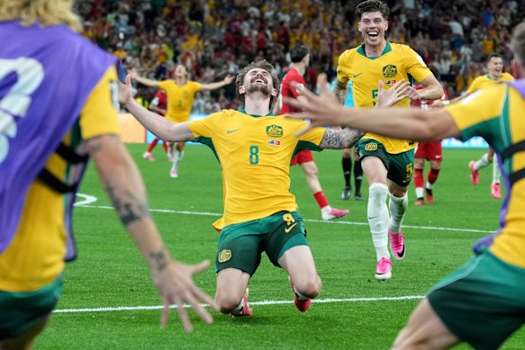Connor Metcalfe celebrates after scoring his Wold Cup goal against Turkey.