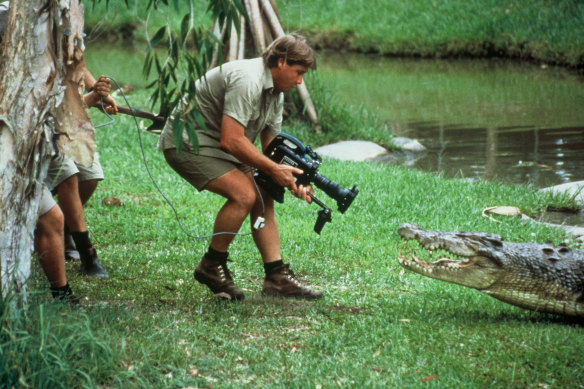 From the archives, Steve Irwin filming early episodes of The Crocodile Hunter series. 