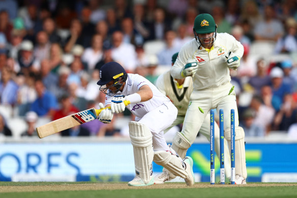 Todd Murphy finds a footmark to bowl Joe Root.