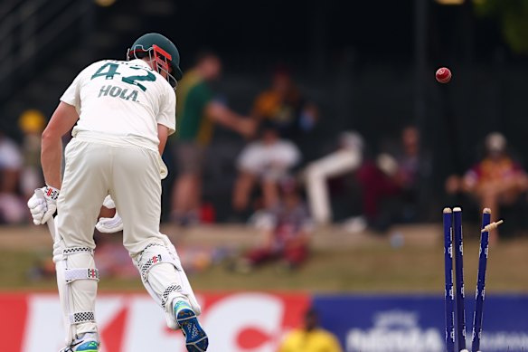 Cameron Green is bowled by Hasan Mahmud on day 4 at Marrara Stadium in Darwin.