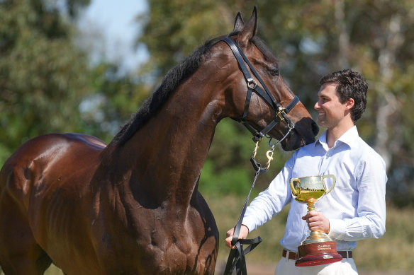 Trainer Sam Freedman with the newest Melbourne Cup champion - Irish horse Without A Fight.