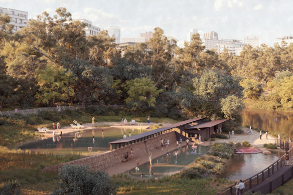 An artist’s illustration of a swim site created in a riverside location.