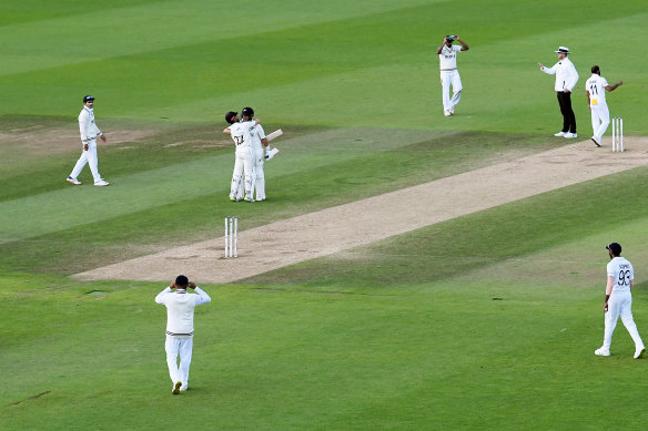 Williamson and Ross Taylor celebrate the winning runs in Southampton.