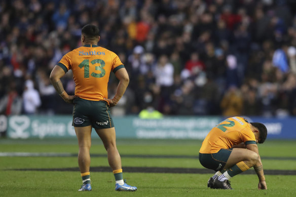 Dejected Wallabies: Len Ikitau and Hunter Paisami at Murrayfield.