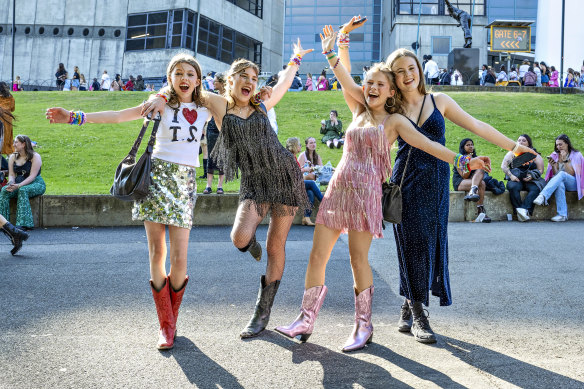 Audrey Dwyer, 14, Frances Ardley, 14, May Ardley, 16, and Meredith Whitaker, 16, are all from Yarraville and all  outside the MCG before seeing their first Taylor Swift show. 