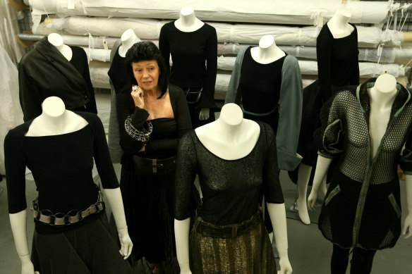 Gene Sherman modelling Japanese clothing with other pieces donated to the Powerhouse Museum in 2009.
