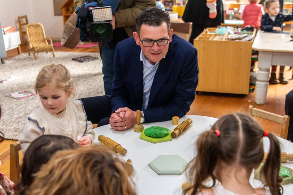 Premier Daniel Andrews with preschoolers last year, when the government announced the funding for childcare centres.