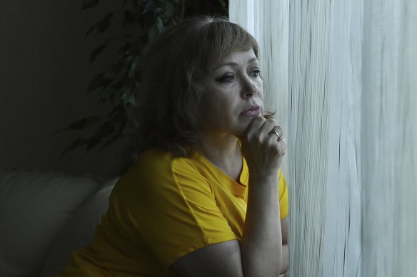 Alyona Lapchuk at a relative’s home in Kyiv before travelling to give evidence at The Hague about her husband Vitaliy Lapchuk’s torture and murder by Russian soldiers in Kherson.