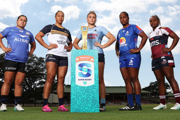 Hera-Barb Malcolm Heke of the Western Force, Siokapesi Palu of the ACT Brumbies, Piper Duck of the NSW Waratahs, Bitila Tawake of the Fijian Drua and Ivania Wong of the Queensland Reds at the launch of Super Rugby W at North Sydney Oval.