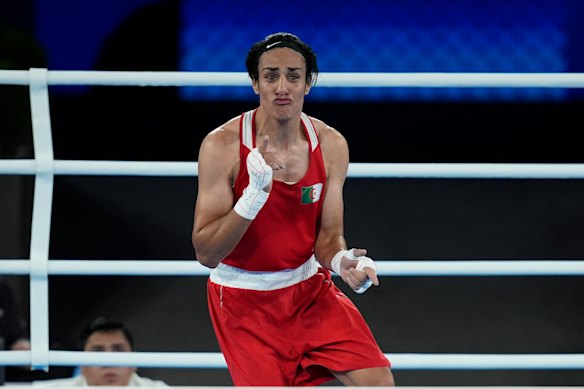 Imane Khelif celebrates after defeating China’s Yang Liu to win gold in Paris.