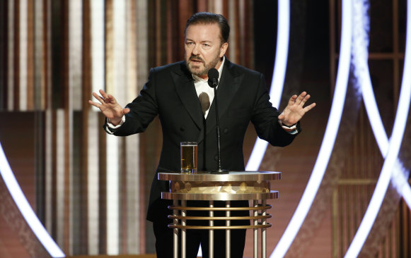 Ricky Gervais hosting the Golden Globes in 2020.