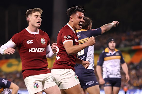 Marcus Smith of the British & Irish Lions celebrates after scoring.