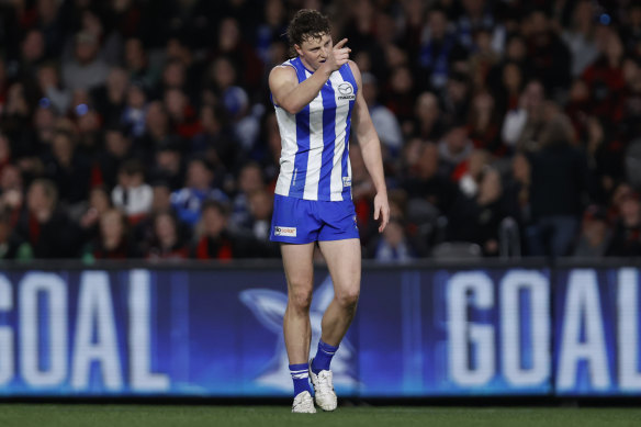 Larkey kicks another goal against Essendon.