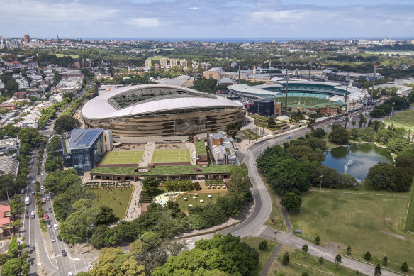 An artist’s impression of the ‘village precinct’ proposed to be built next to the new Sydney Football Stadium.