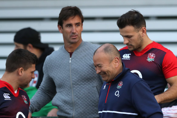 Danny Care (right), with Eddie Jones (front), Ben Youngs (left) and Andrew Johns at an England training session in Sydney in 2016.