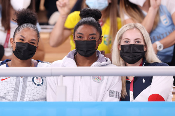 Jordan Chiles, Simone Biles, and Mykayla Skinne in the crowd during the women’s all-around final.