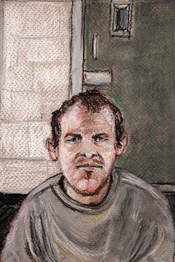 In this June 14, 2019, file courtroom drawing, Brenton Tarrant appears via video link in court from a maximum security prison in Auckland.