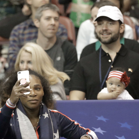 Serena Williams takes a selfie with husband Alexis Ohanian and Alexis Olympia. before the first round of the Fed Cup in 2018.