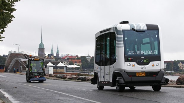 An EasyMile EZ-10 self-driving shuttle bus during testing as part of the Sohjoa pilot project in Helsinki, Finland. 
