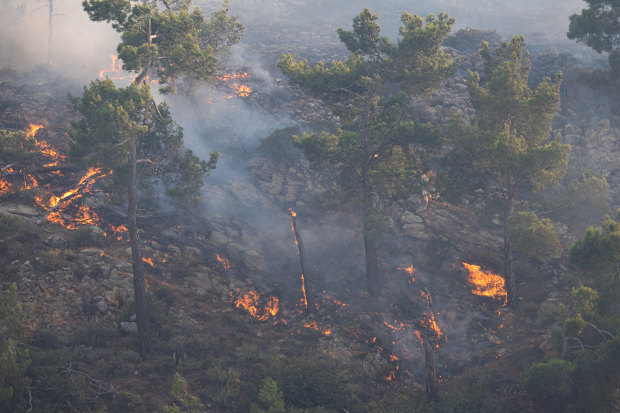 A wildfire burns in a forest near Lardos, on the island of Rhodes.