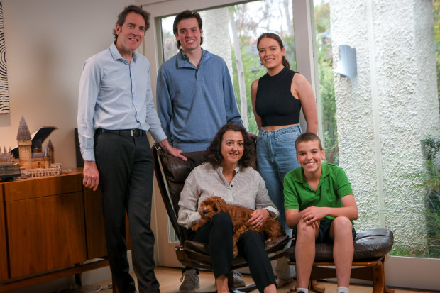 Ryan with husband Peter Jordan, stepchildren Campbell and Annabel, son Patrick and cavoodle Alfie.