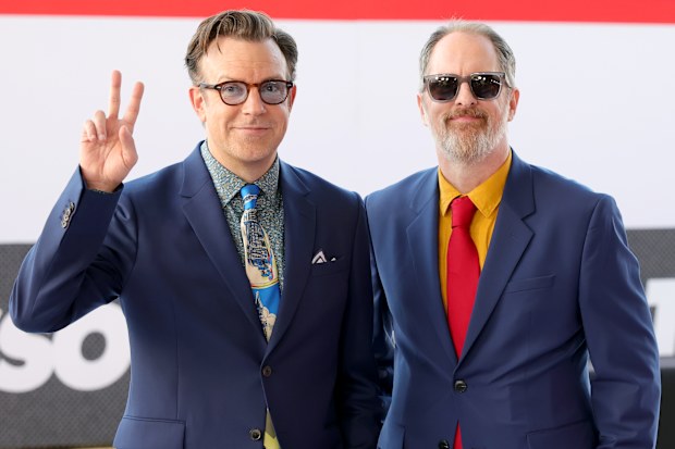 Jason Sudeikis and Brendan Hunt attend the premiere of Apple TV’s “Ted Lasso” Season 4 at the Academy Museum of Motion Pictures on July 27, 2026 in Los Angeles, California.