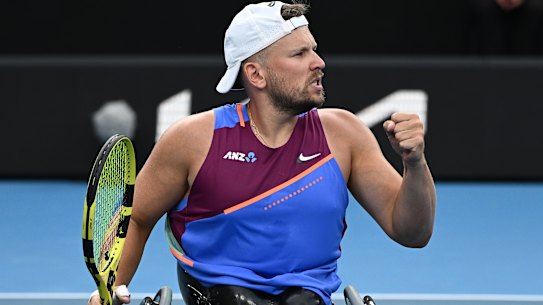 Dylan Alcott celebrates after beating Dutchman Niels Vink.
