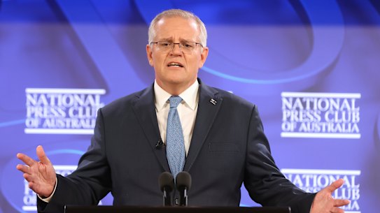 Prime Minister Scott Morrison during his address to the National Press Club of Australia in Canberra on Tuesday 1 February 2022.  