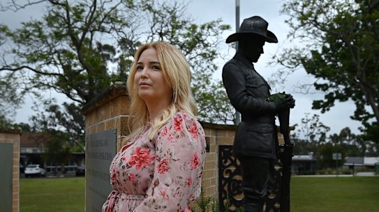 Jess Taylor at the war memorial in Warragamba where her husband’s name is listed. 