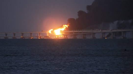 The Crimean Bridge connecting Russian mainland and the Crimean peninsula over the Kerch Strait, Crimea,  Oct. 8, 2022.