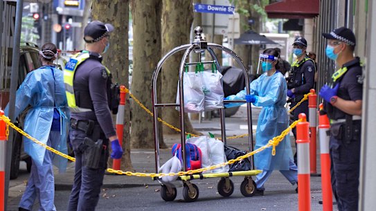 Hotel guest are removed from the Holiday Inn in Melbourne.