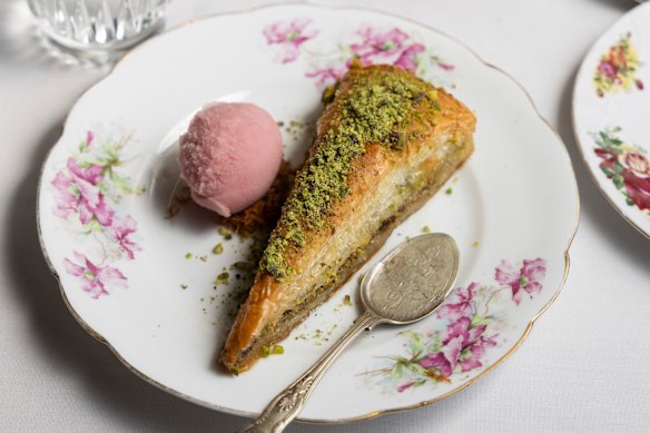 Baklava with pomegranate sorbet.