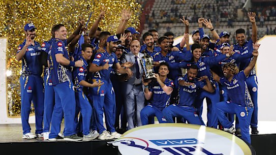The Mumbai Indians celebrate after they defeated the Chennai Super Kings during the Indian Premier League Final match between the the Mumbai Indians and Chennai Super Kings at Rajiv Gandhi International Cricket Stadium on May 12, 2019