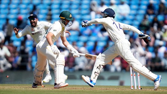 Marnus Labuschagne is dismissed on day one in Nagpur.