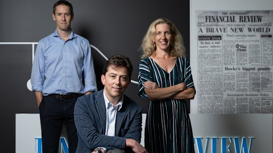From left: The Australian Financial Review’s former editor-in-chief James Chessell, former columnist Joe Aston and editor, and newly appointed editor-in-chief Cosima Marriner in the Sydney bureau.