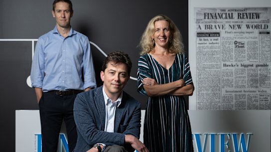 From left: The Australian Financial Review editor-in-chief James Chessell, columnist Joe Aston and editor Cosima Marriner in the Sydney bureau.